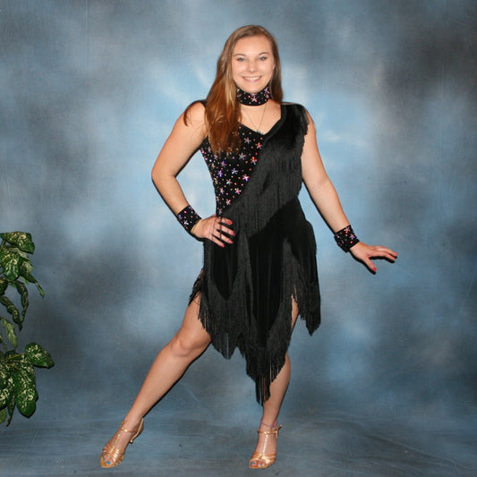 Crystal's Creations Black Latin/rhythm dress with fringe created in luxurious black solid slinky with silky black chainette fringe, wristbands, matching choker, embellished with CAB Swarovski rhinestones, about 7 gross.