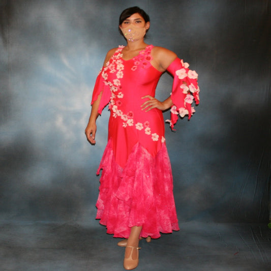 Crystal's Creations Deep pink ballroom dress created of Indian pink lycra base with yards & yards of Indian pink print chiffon large & flowing flounces, embellishing done with silk flowers, accented with Swarovski stonework in Indian pink 