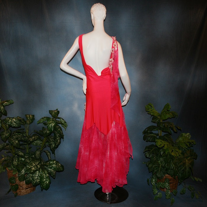 Crystal's Creations bsck view of Deep pink ballroom dress created of Indian pink lycra base with yards & yards of Indian pink print chiffon large & flowing flounces, embellishing done with silk flowers, accented with Swarovski stonework in Indian pink