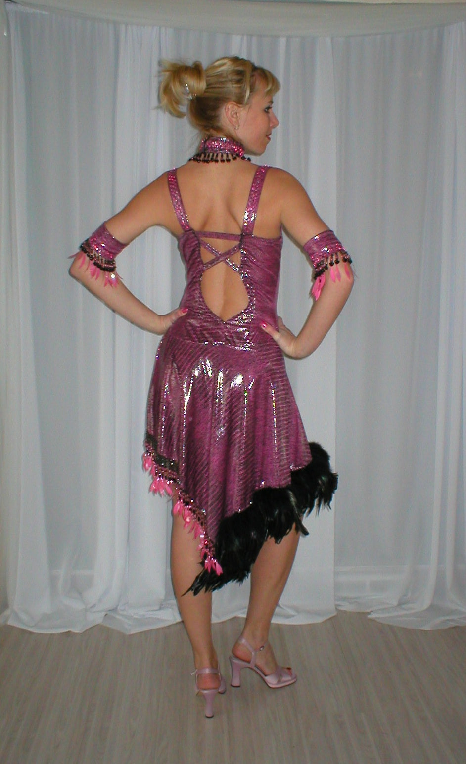 Pink & Black Latin-Rhythm Dress with Black Feathers & Hand Beading on Sale-Pink Reptilia