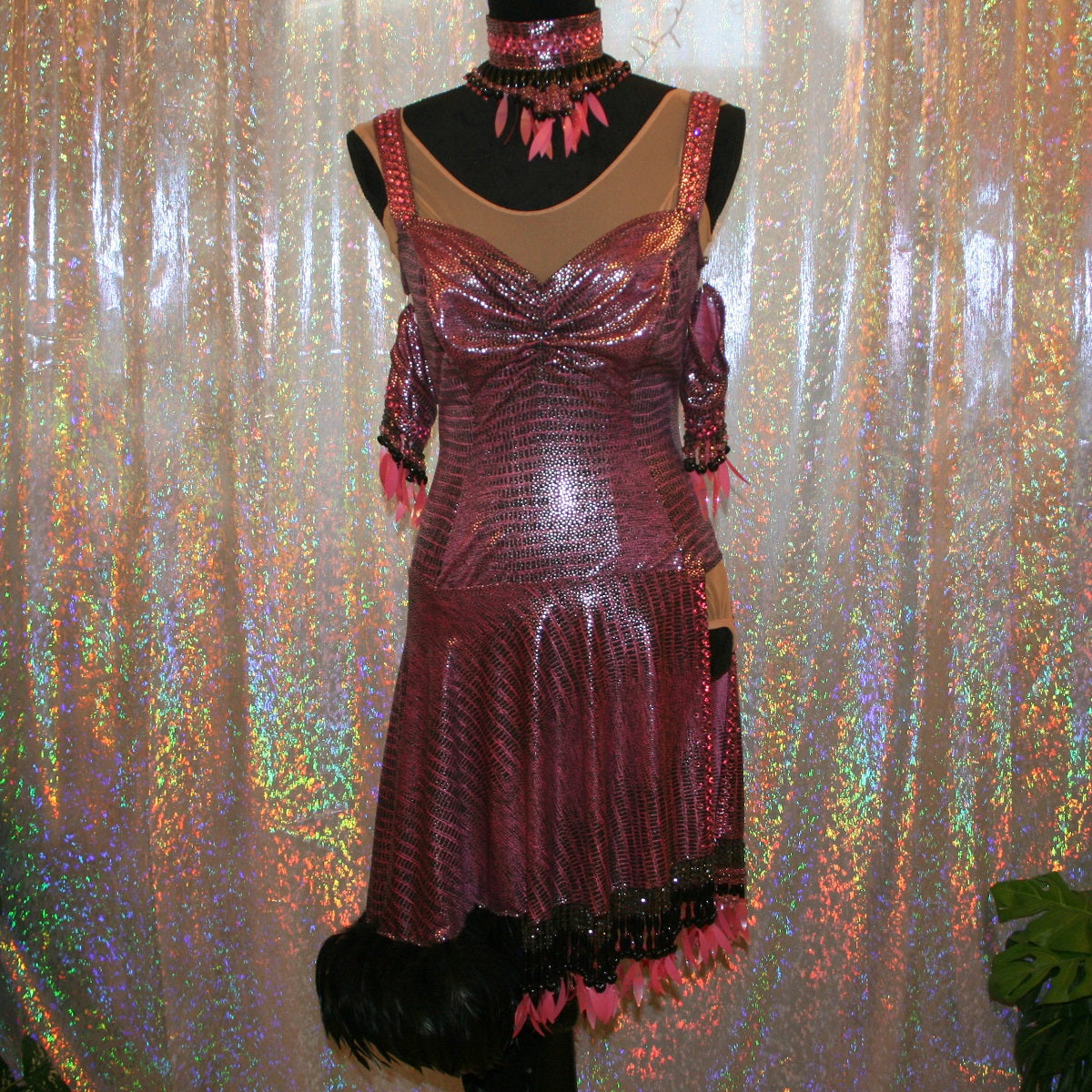 Pink & Black Latin-Rhythm Dress with Black Feathers & Hand Beading on Sale-Pink Reptilia