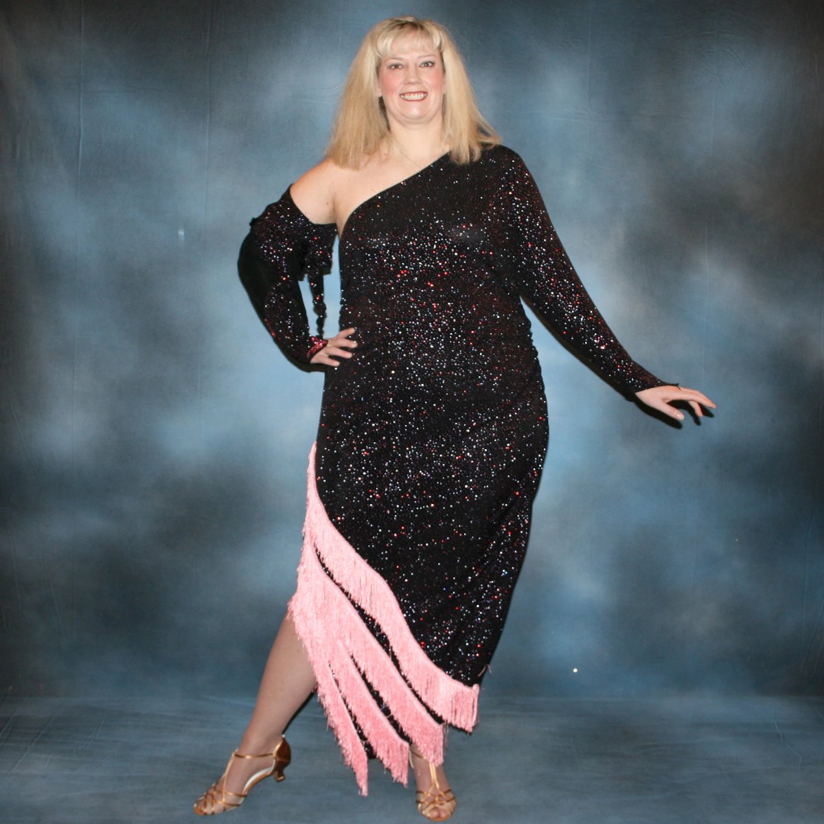 Black Plus Size Latin-Rhythm-Tango Dress with Pink Accents-Rosa