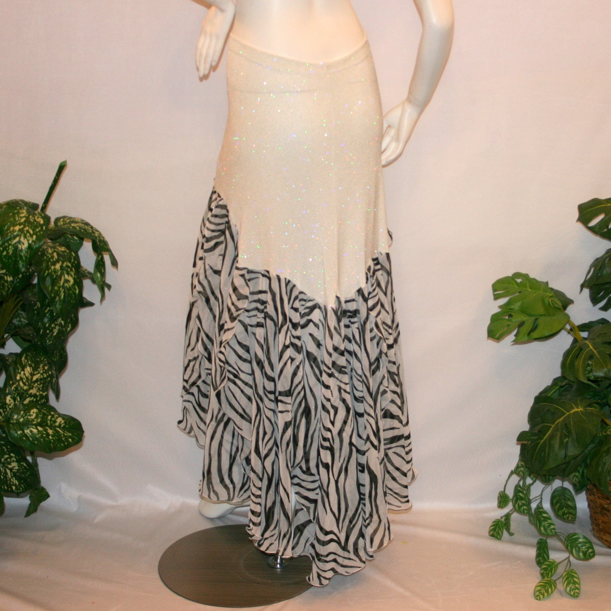back view of Ballroom style skirt created of white glitter slinky with yards of zebra print flowing panels will work great to create a converta ballroom dress