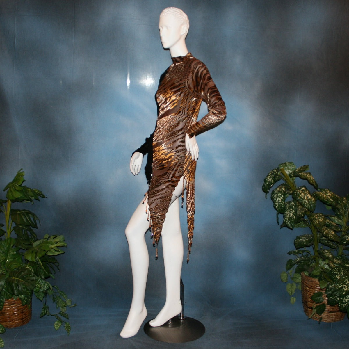 Crystal's Creations left side view of Slinky Latin/rhythm dress or tunic top created of luxurious black slinky & Serengeti print burnout velvet is embellished with Swarovski hand beading, is fabulous as a Latin/rhythm dress if you love to show your legs...or...you can team it as a tunic top with skirts or pants!