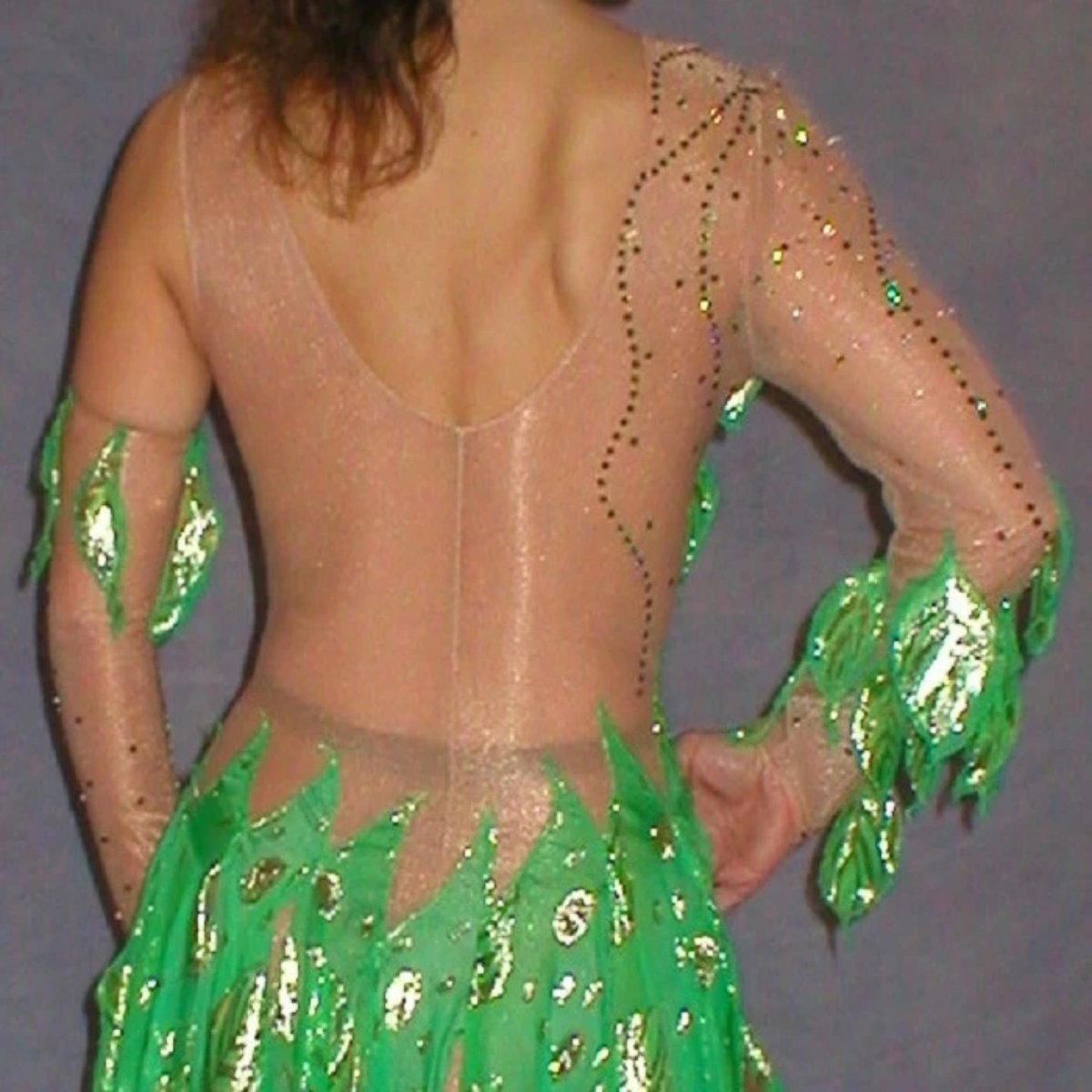 upper back view of Green Latin/rhythm dance dress was created on nude illusion base with green & gold metallic print chiffon… leaves hand cut & edged to embellish bodice, Swarovski rhinestones are trickled throughout in Vitrail medium(shines different shades of green & gold)