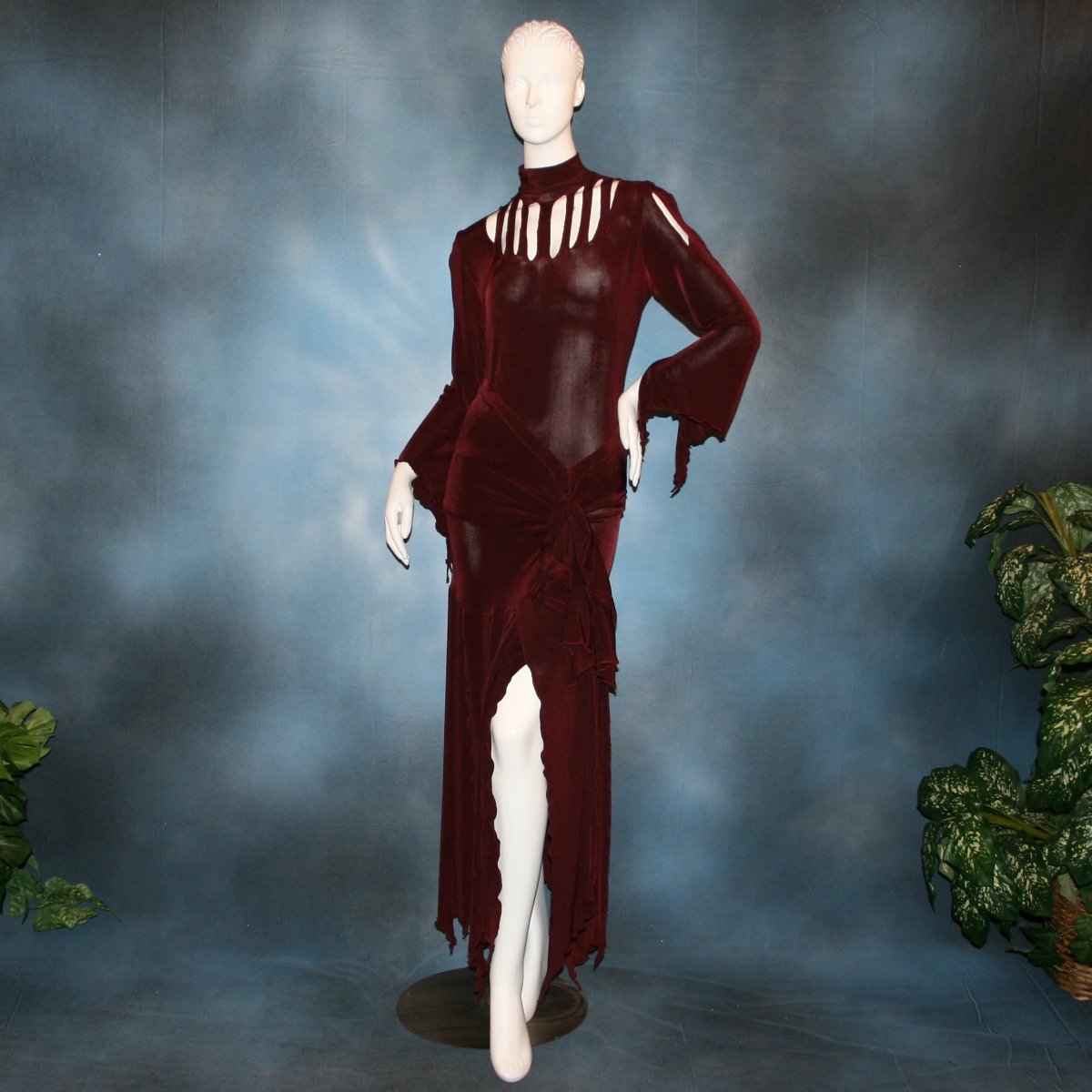 Burgundy sarong style Latin/rhythm paneled skirt, matching bodysuit featuring flared arms with cutout details created of luxurious burgundy solid slinky. Great for any ballroom dance, ballroom dance teachers or social event!