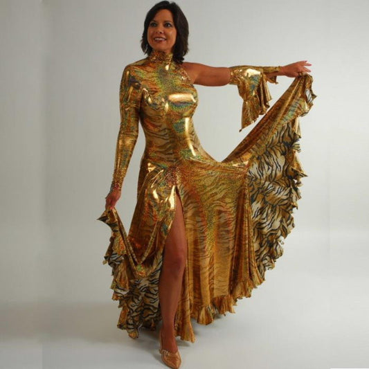 Crystal's Creations Gold tango/paso-doble dress created of gold iridescent hologram tiger print lycra features lots of flounces & is embellished with special volcano colored Swarovski rhinestone work size 5/6-9/10