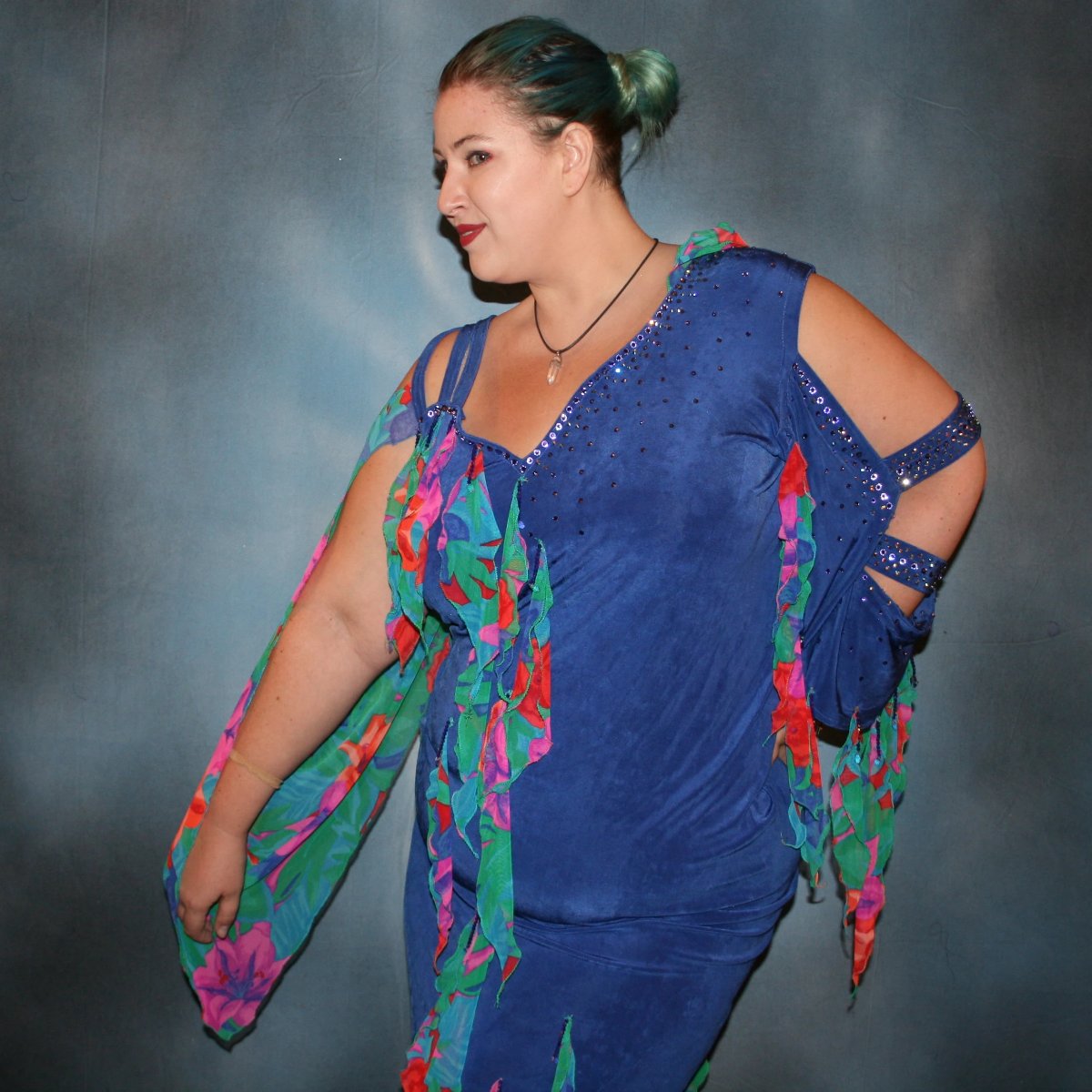 Blue Plus Size Latin-Rhythm Dress with Tropical Print Accents-Tropical Fun