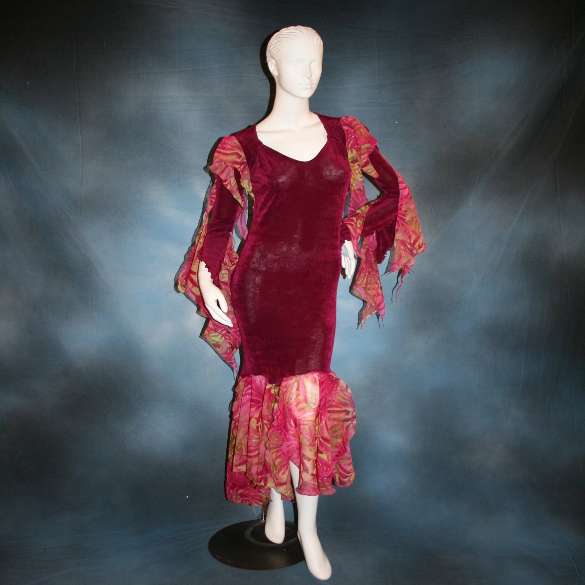 Cranberry sleek social Latin/rhythm dress created in luxurious cranberry solid slinky fabric with printed sheer flounces & floats.