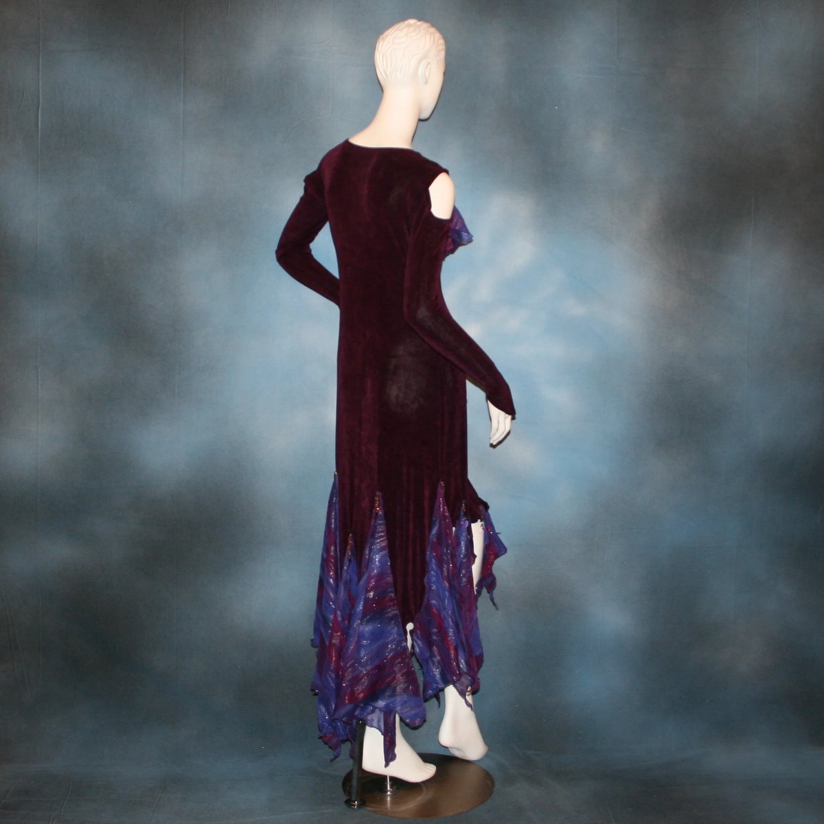 side back view of Social ballroom dance dress created in luxurious wine solid slinky fabric with flounces of deep scarlette & wine printed & dazzling chiffon, with Swarovski hand beading. A great social dress for any ballroom dance or special occasion, as well as a great beginner ballroom dance show dress!