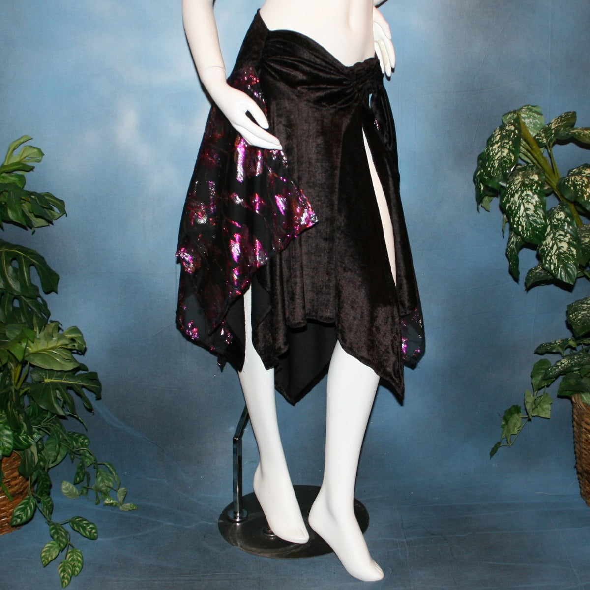 Crystal's Creations Black Latin/rhythm skirt, wrap style,with scarf cut panels was created with yards of a black & fuchsia metallic cut & clip chiffon on a panne' velvet base with ruching & sash.