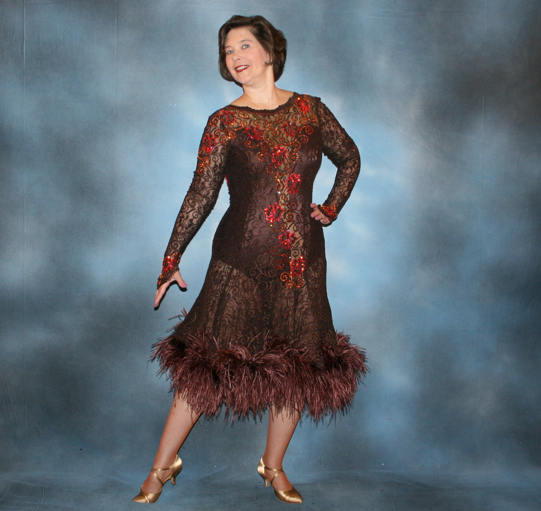 brown lace Latin dress with ostrich feathers