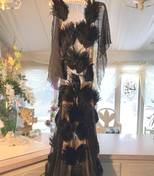Black Ballroom Dress On Nude Color Base with Black Feathers-Black Swan