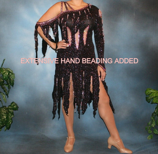 Crystal's Creations Black Latin/rhythm dress created in black glitter slinky with light pink glitter accents that look like champagne bubbles is embellished with light pink Swarovski rhinestone work with extensive hand beading added