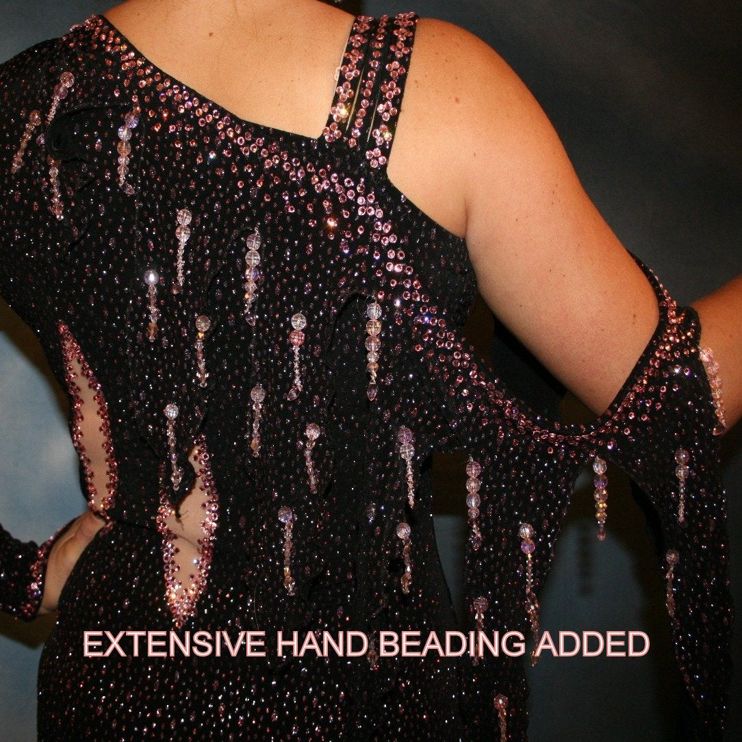 upper back vew of Crystal's Creations Black Latin/rhythm dress created in black glitter slinky with light pink glitter accents that look like champagne bubbles is embellished with light pink Swarovski rhinestone work with extensive hand beading added