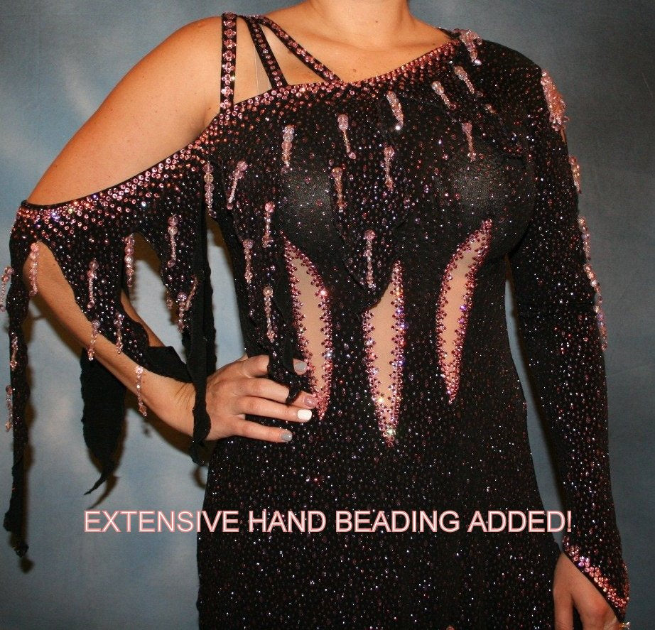 top view of Crystal's Creations Black Latin/rhythm dress created in black glitter slinky with light pink glitter accents that look like champagne bubbles is embellished with light pink Swarovski rhinestone work with extensive hand beading added