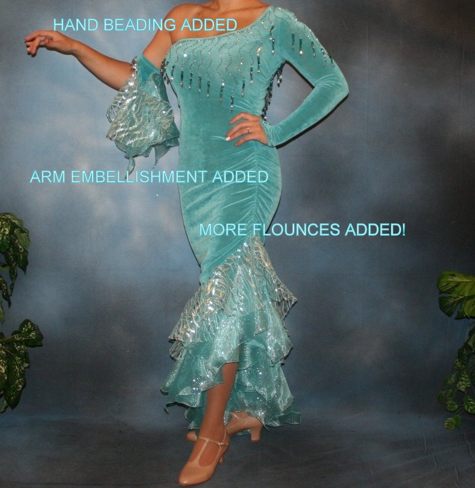 Crystal's Creations aqua Latin/rhythm dress created in aqua luxurious solid slinky with glitter organza flounces, aqua Swarovski rhinestone work, now with added hand beading, arm embellishment & more flounces