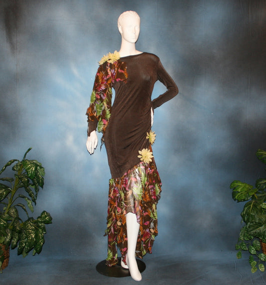brown ballroom dress created of luxurious chocolate brown slinky along with fall flowers print chiffon adorned with yellow silk flowers & a touch of hand beading great for beginner ballroom dancers