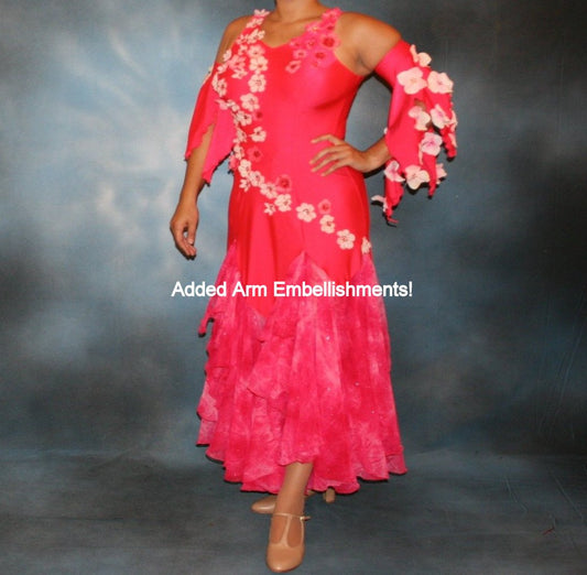 Crystal's Creations Deep pink ballroom dress created of Indian pink lycra base with yards & yards of Indian pink print chiffon large & flowing flounces, embellishing done with silk flowers, accented with Swarovski stonework in Indian pink  with added arm embellishments