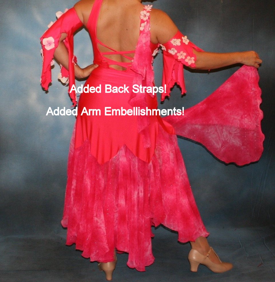 Crystal's Creations Deep pink ballroom dress created of Indian pink lycra base with yards & yards of Indian pink print chiffon large & flowing flounces, embellishing done with silk flowers, accented with Swarovski stonework in Indian pink  with added arm embellishment & back strap details