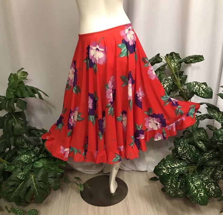 Flared back view of  vibrant Red Tropical Print Dance Skirt.