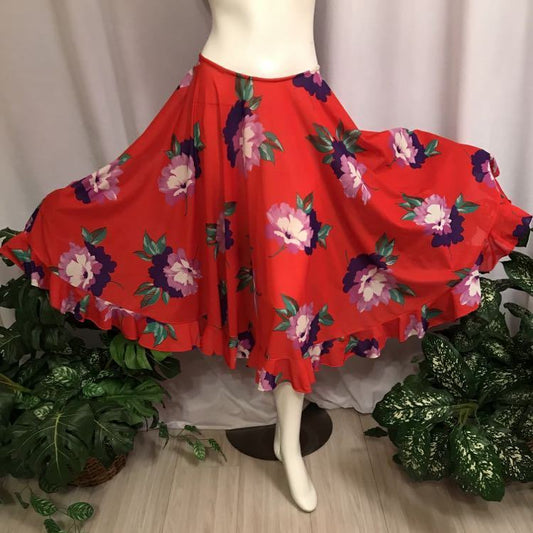 Flared front view of vibrant Red Tropical Print Dance Skirt, very full with ruffle
