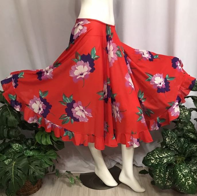 Flared side view of  vibrant Red Tropical Print Dance Skirt.
