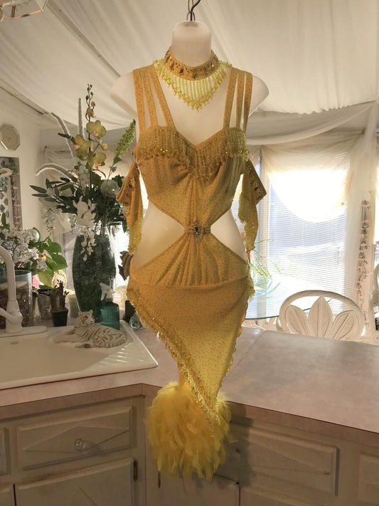 New view of  Crystal's Creations Yellow Latin/rhythm dress created of yellow glitter slinky features hand beaded fringe, cut out midriff sides, CAB Swarovski rhinestone work & a touch of turkey feathers.