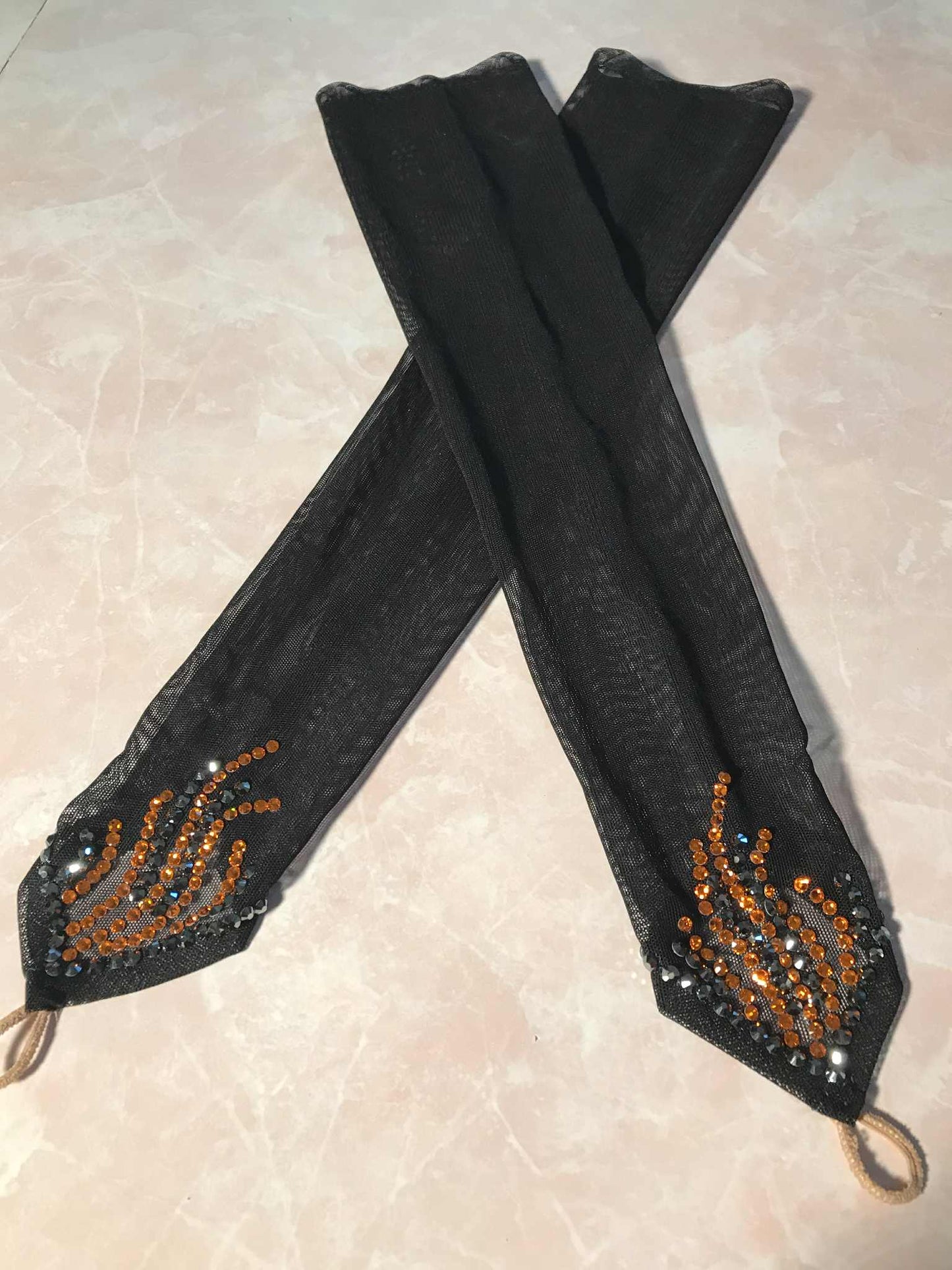 Sheer Black Gauntlets with Orange-Hematite Rhinestones
