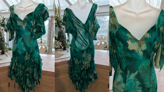 Teal tropical print Latin-rhythm-samba dress, with shimmery silver accents, lovely as is, however, I intend to add some bling to make it competition ready