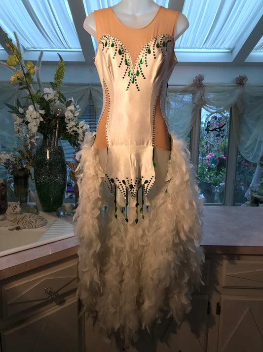 White Latin-Rhythm Dress with Emerald Green Accents & White Feathers on Sale-Shondra