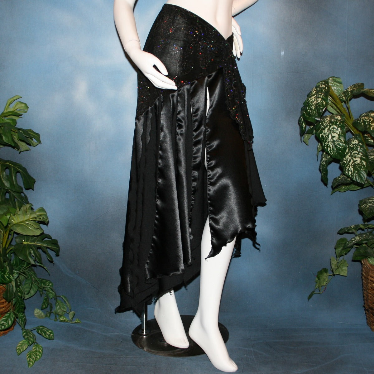 Crystal's Creations Black ballroom skirt created with a beautifully patterned glitter slinky sarong hip sash piece that flairs out to yards of black satin panels, would pair beautifully with a black body suit or one could be custom created for an extra fee.