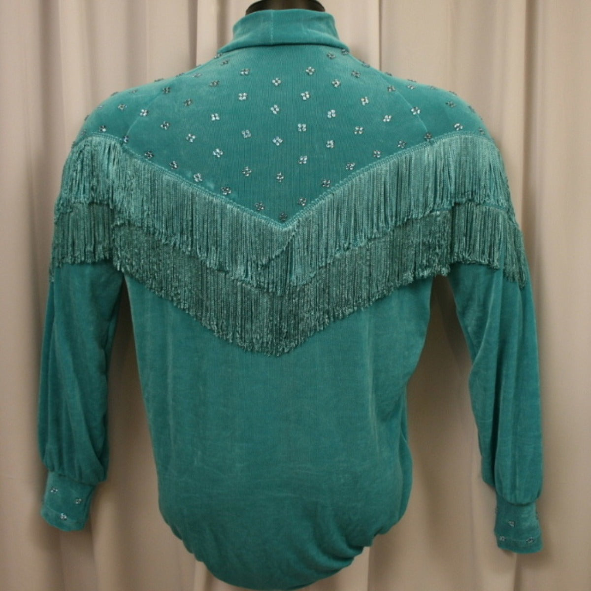 Crystal's Creations back view of men's light teal Latin shirt