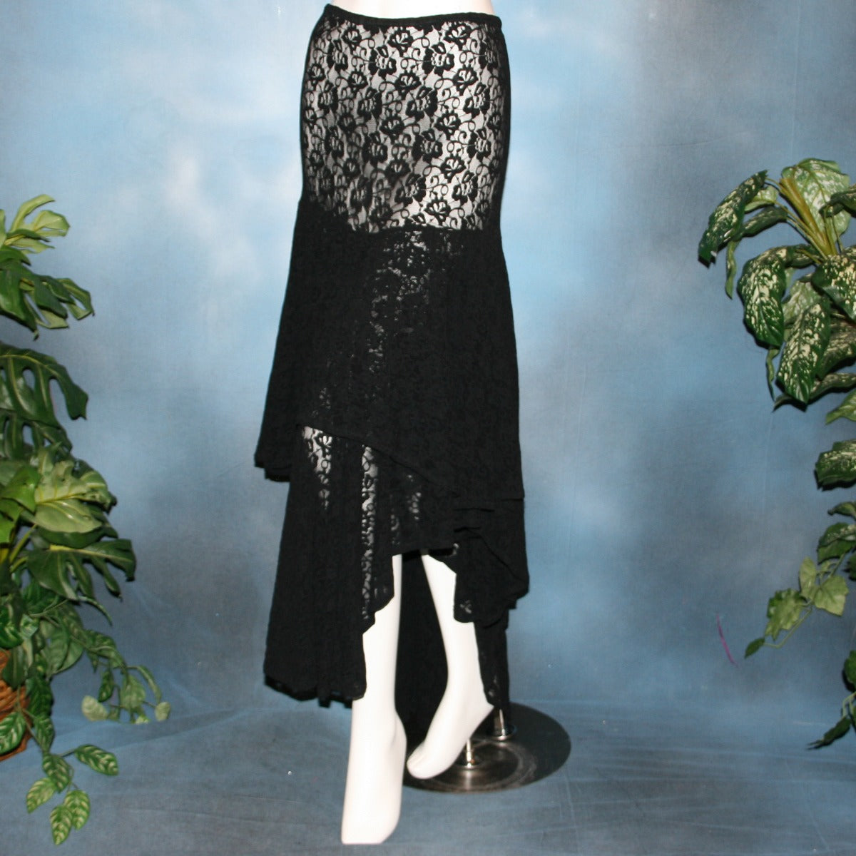 Crystal's Creations Black lace Latin/rhythm skirt, 2 tier style, was created with yards of back stretch lace, with 2 full circles cut with sides higher, back longer on a hip base.
