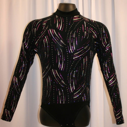 Crystal's Creations men's black Latin shirt with silver & fuchsia glitter