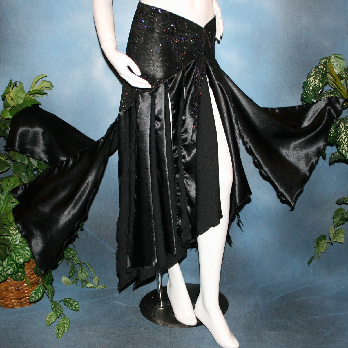 Black ballroom skirt created with a beautifully patterned glitter slinky sarong hip sash piece that flairs out to yards of black satin panels, would pair beautifully with a black body suit or one could be custom created for an extra fee.