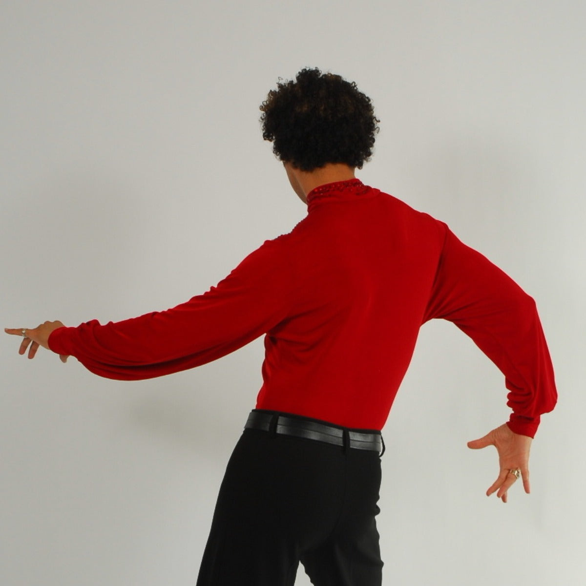 Crystal's Creations back view of men's red Latin shirt