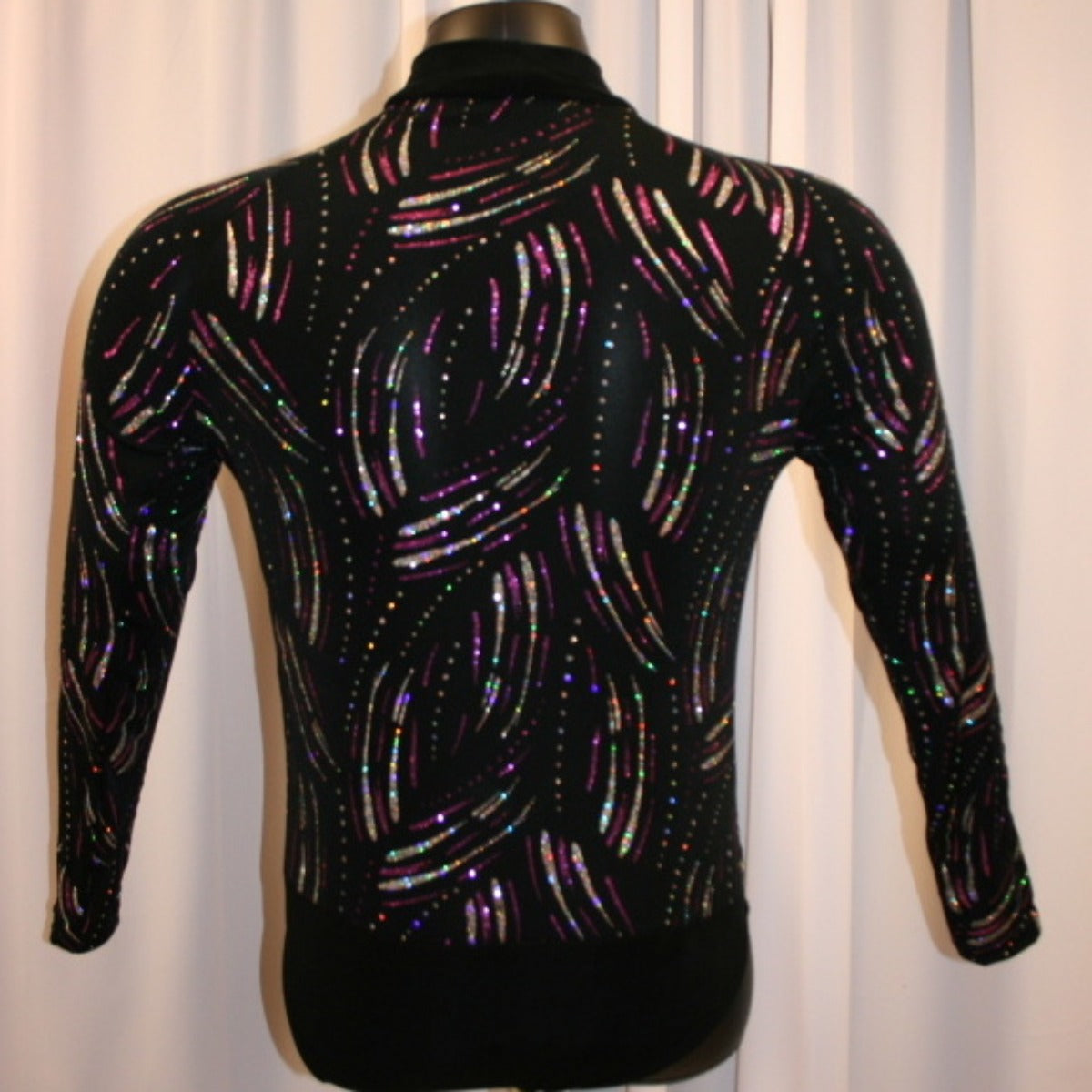 Crystal's Creations back view of men's black Latin shirt with silver & fuchsia glitter