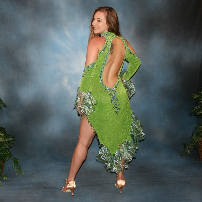 Crystal'sCreations back view of Green Latin/rhythm dance dress was created in apple green glitterknit slinky & printed chiffon flounces, embellished with sapphire & light sapphire Swarovski rhinestones, with hand beading. 
