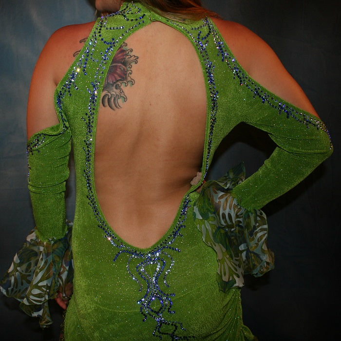 Crystal's Creations close up back view of Green Latin/rhythm dance dress was created in apple green glitterknit slinky & printed chiffon flounces, embellished with sapphire & light sapphire Swarovski rhinestones, with hand beading. 