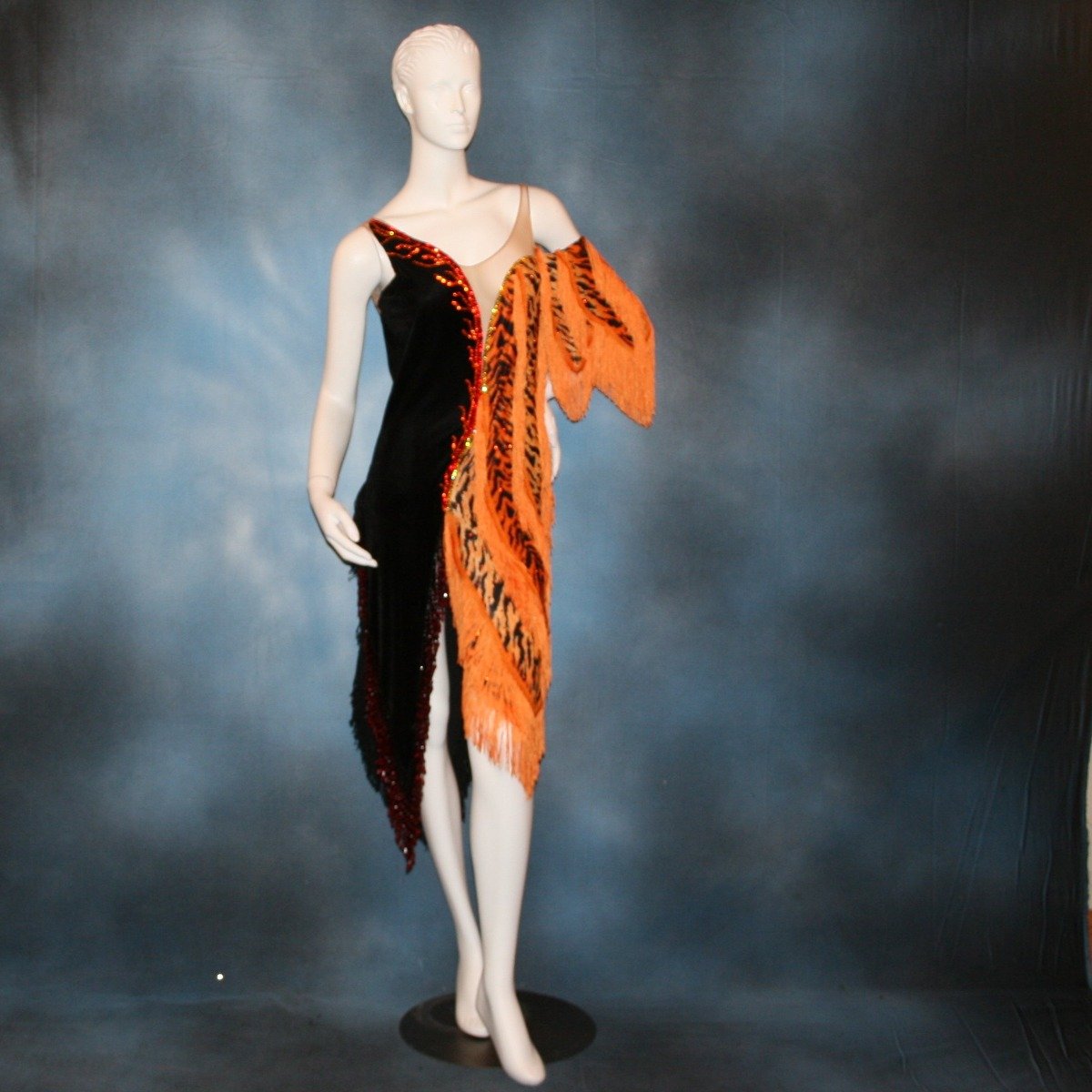 Crystal's Creations orange & black tiger print Latin/rhythm dress with fringe