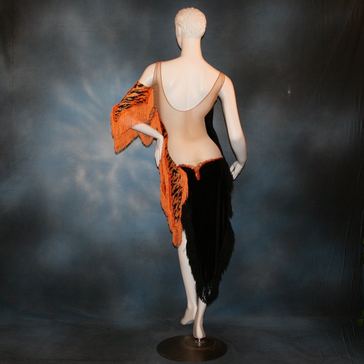 Crystal's Creations back view of orange & black tiger print Latin/rhythm dress with fringe