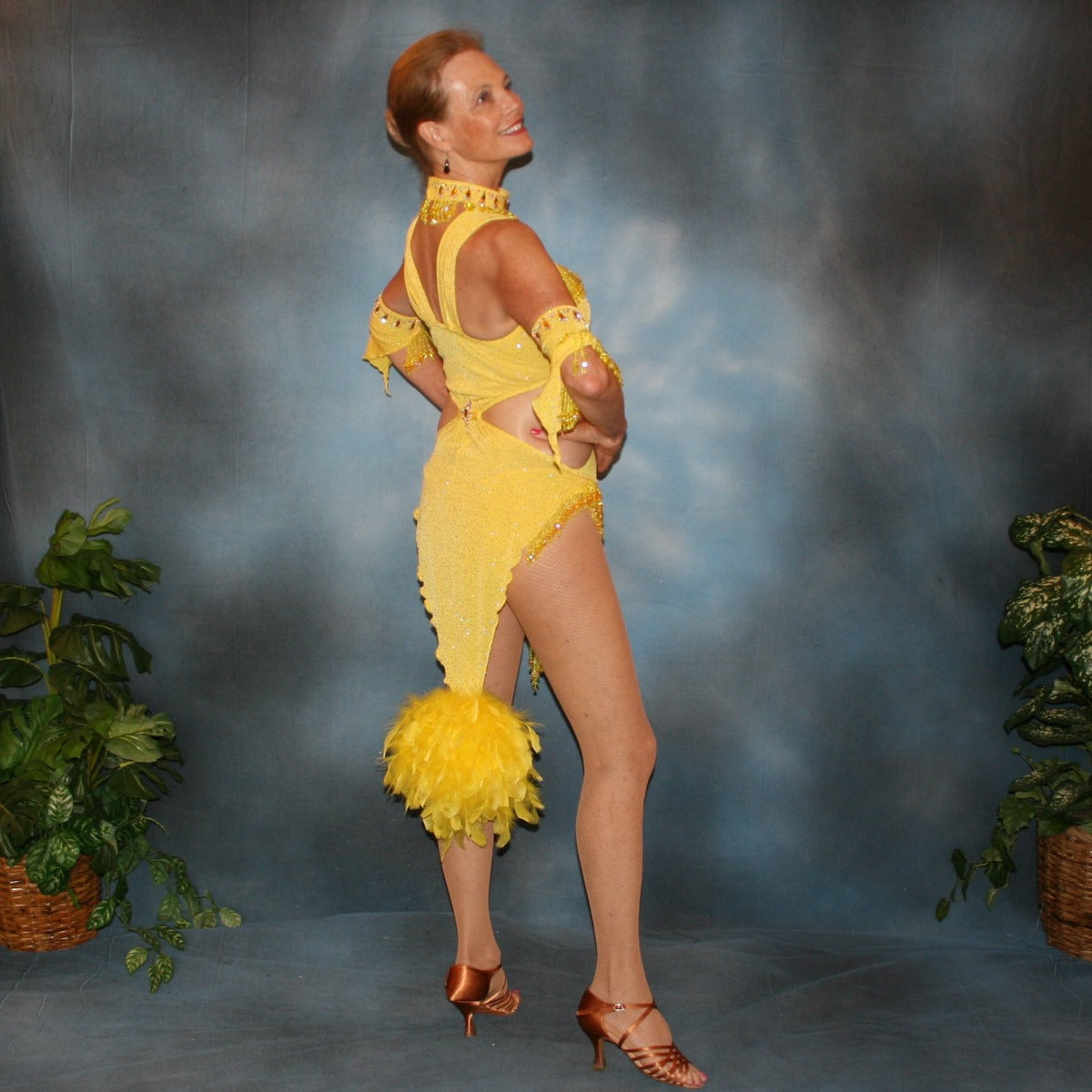 Crystal's Creations back view of Yellow Latin/rhythm dress created of yellow glitter slinky features hand beaded fringe, cut out midriff sides, CAB Swarovski rhinestone work & a touch of turkey feathers.,