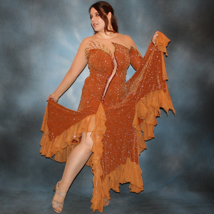 Crystal's Creations Bronze ballroom dress created in bronze glitter slinky with a swirl/ripple design on nude illusion base with oodles of amber glitter chiffon flounces, is embellished with volcano Swarovski rhinestone work.