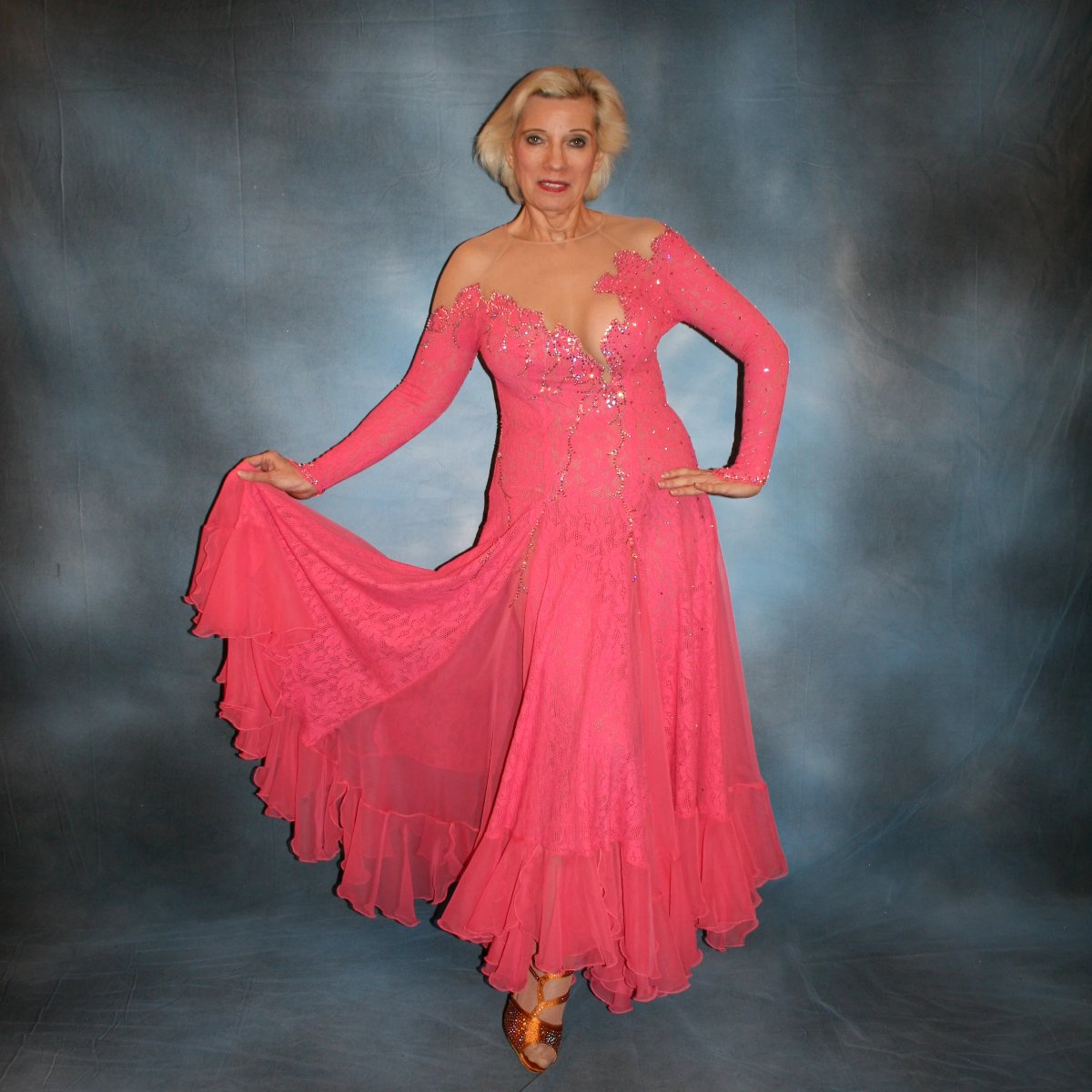 Crystal's Creations Gorgeous salmon pink ballroom dance dress was created from salmon pink stretch lace on nude illusion base with yards & yards of salmon pink chiffon insets & flounces …