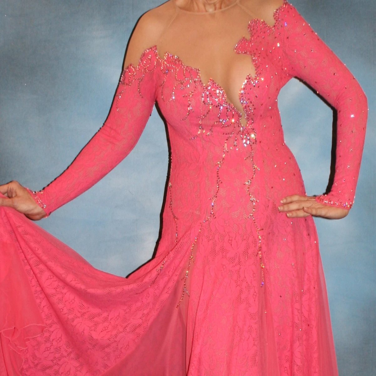 Pink Stretch Lace Ballroom Dress with Chiffon Insets-Amelia
