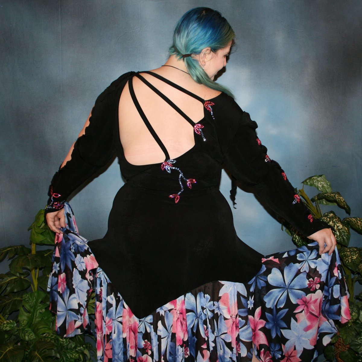 Black Plus Size Ballroom Dress with Blue & Pink Swarovski Rhinestone Work, Floral Skirting-April