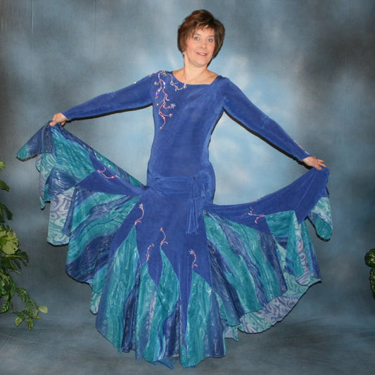 Crystal's Creations Blue ballroom dress created in sea blue luxurious solid slinky & iridescent shades of blue print chiffon is a converta ballroom dress