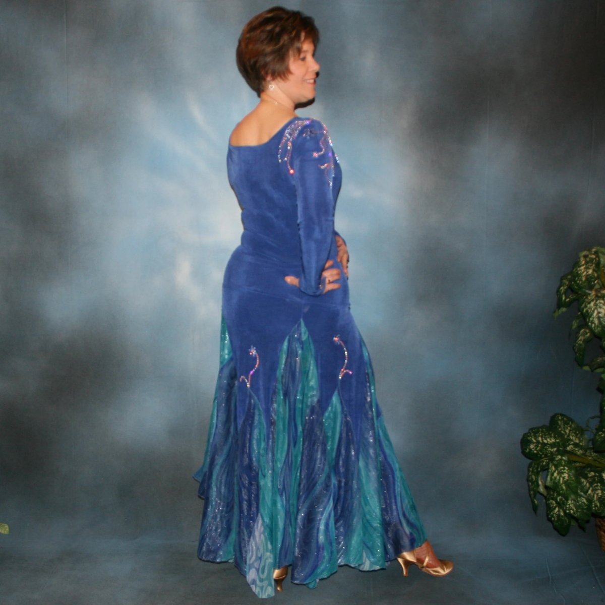 Crystal's Creations back view of Blue ballroom dress created in sea blue luxurious solid slinky & iridescent shades of blue print chiffon is a converta ballroom dress