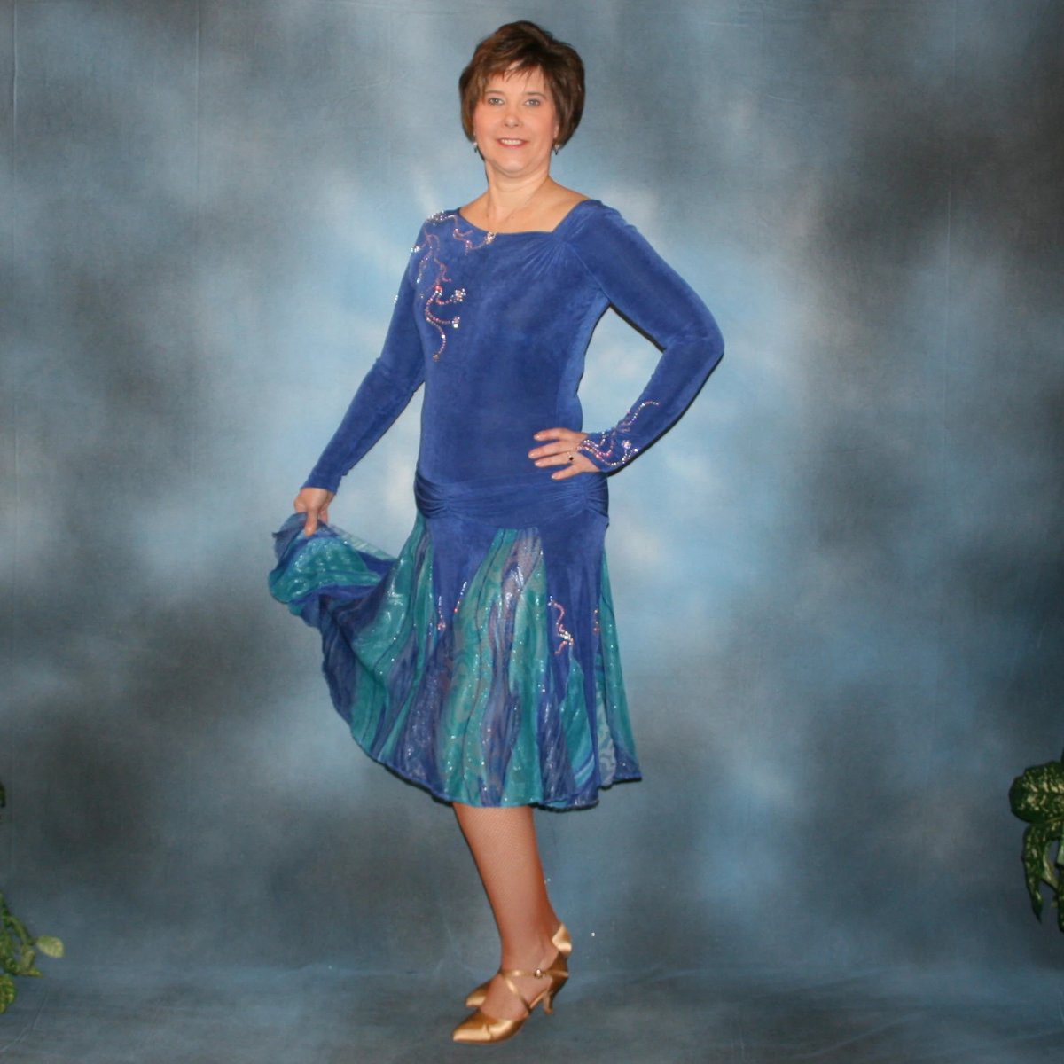 Crystal's Creations Blue Latin/rhythm/ballroom dress created in sea blue luxurious solid slinky & iridescent shades of blue print chiffon is a converta ballroom dress